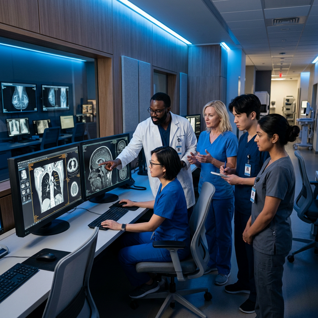 Equipe de técnicos em radiologia da iMedPlex operando equipamentos de diagnóstico por imagem